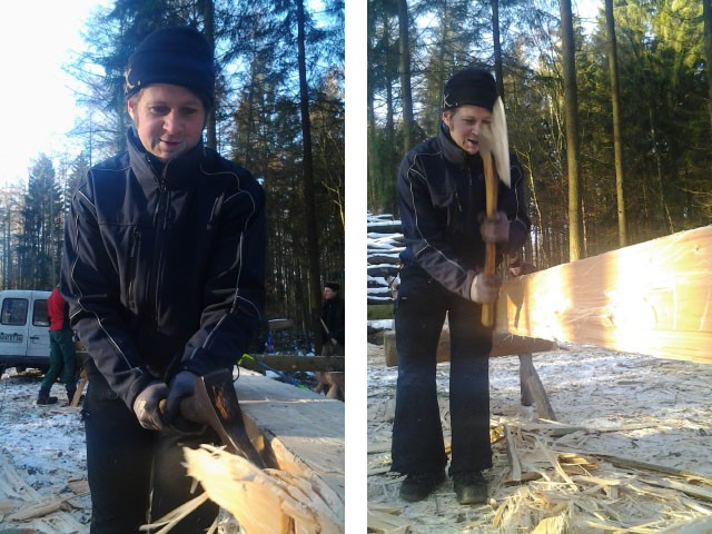 Winterkurs 2013, Göhrde: Baum fällen, Sägen,
behauen mit Bundaxt und Breitbeil